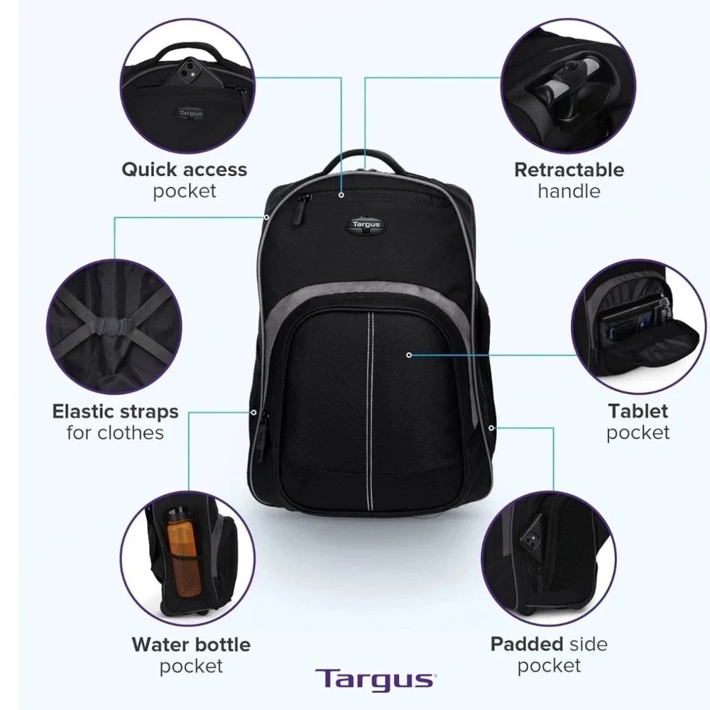 Targus Rolling Laptop Backpack Black Grey Travel Business Wheeled Bag Case